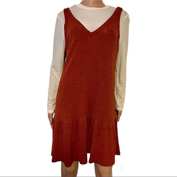 Long Sleeved Layered Dress Autumn Copper Brown and Cream Colored Undershirt - Picture 1 of 9